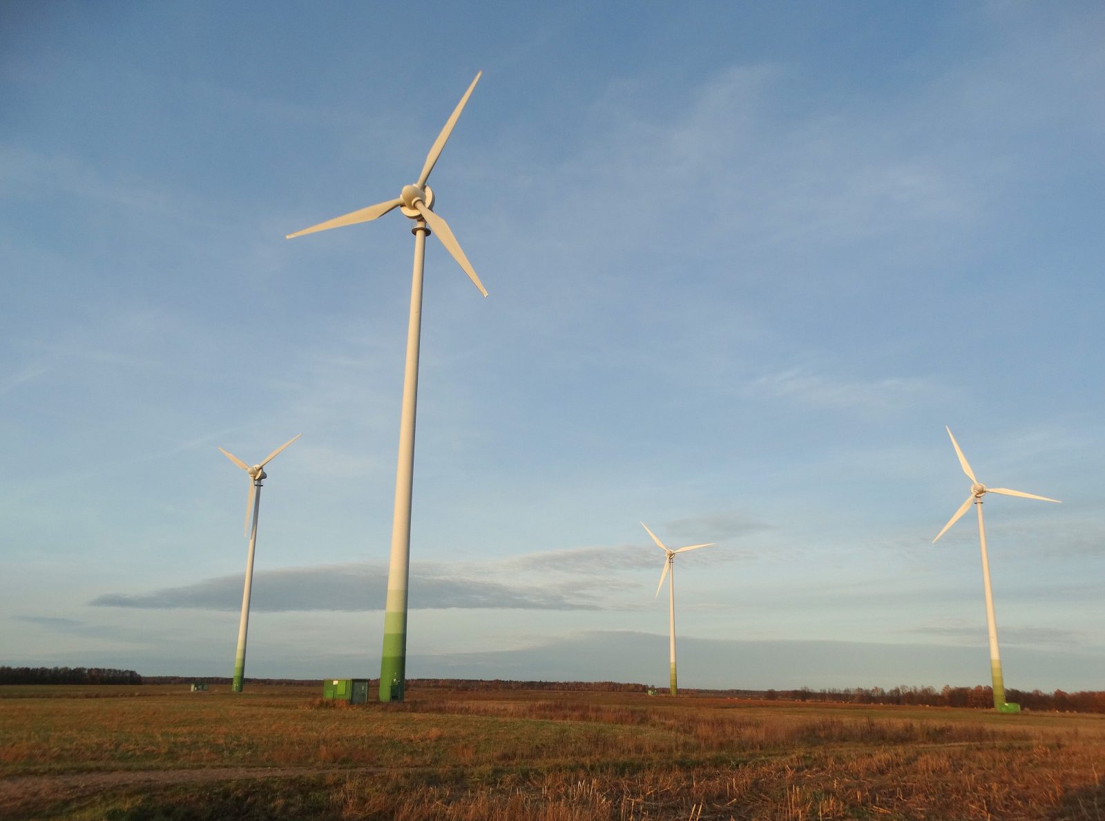 Keturios baltos vėjo elektrinės rudeninėje lygumoje prieš giedrą mėlyną dangų